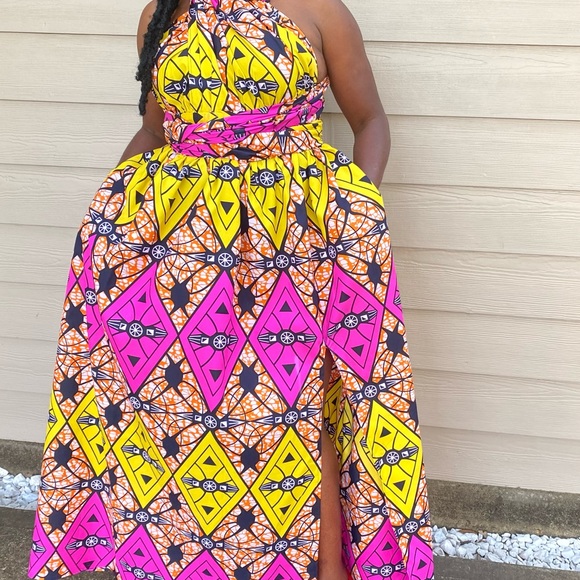 WOMEN ANKARA ,LONG MAXI INFINITY DRESS WITH SLIT BY THE SIDE AND SIDE POCKETS. - Picture 1 of 5